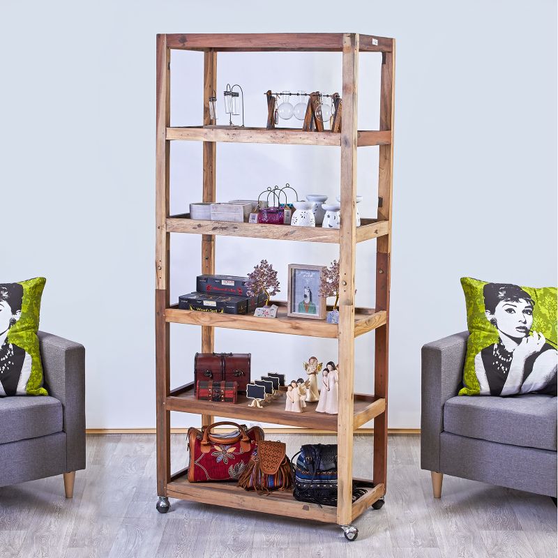 Exhibición de Seis Estantes con Ruedas - Madera Reciclada 79x37x180